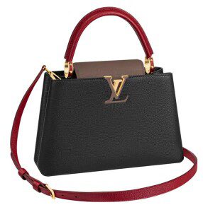 Capucines PM in noir, taupe and rouge carmin in taurillon leather (2)