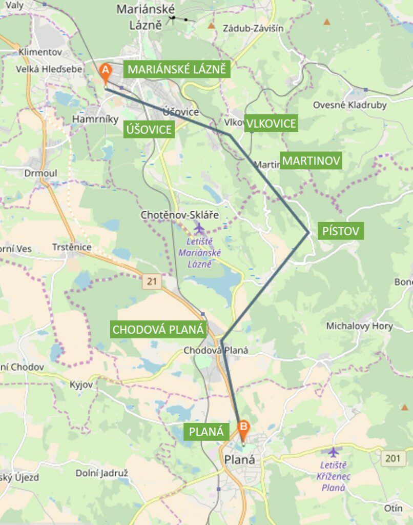 Mapka pochodu Mariánské Lázně – Planá