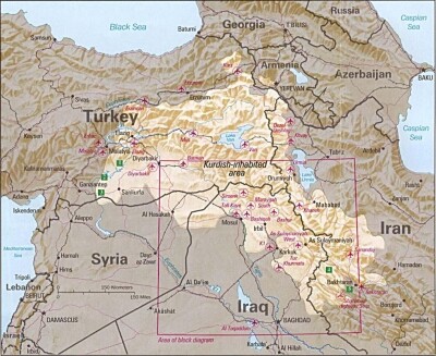 Mapa Kurdistánu (Kurdy obývané oblasti k roku 1992)